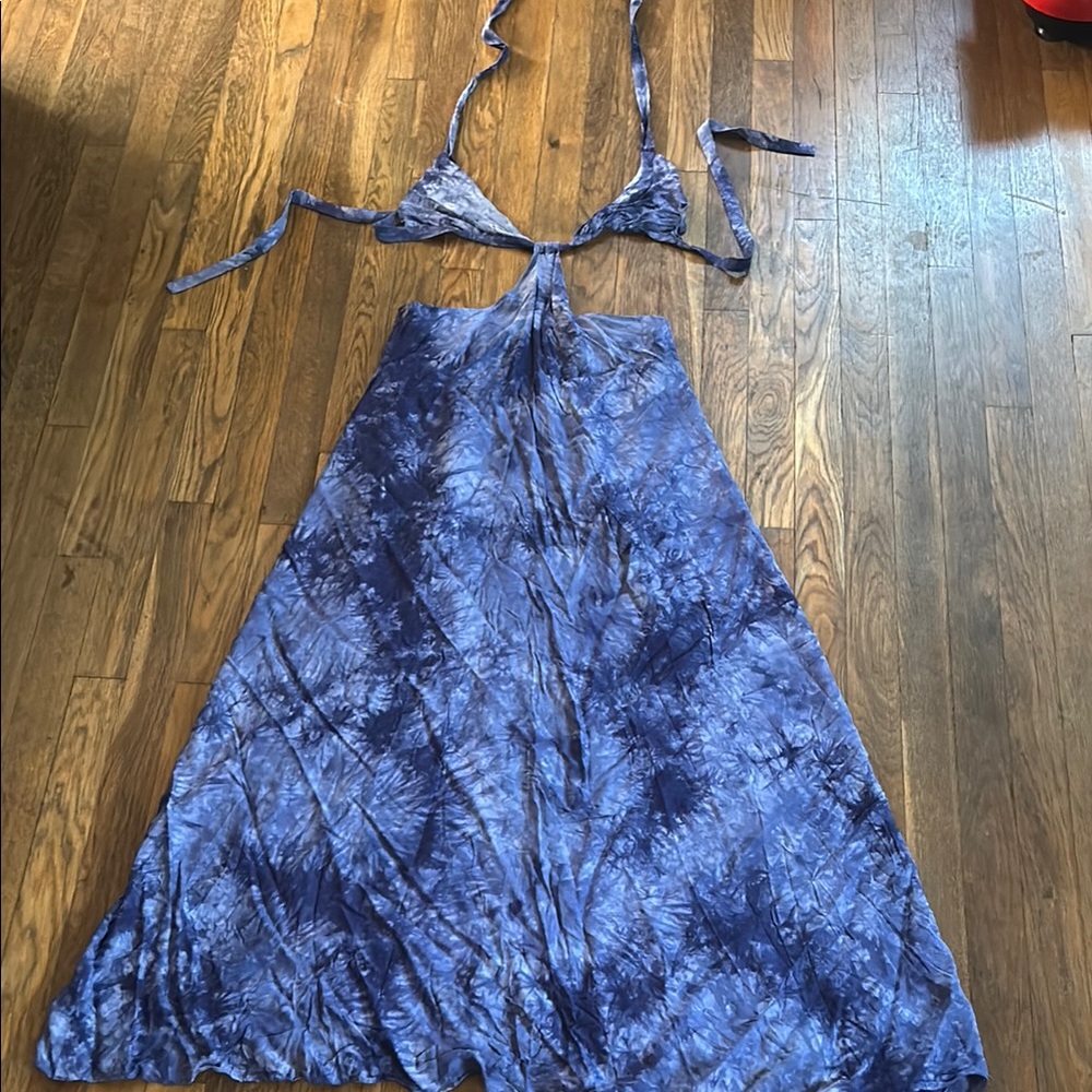 Blue Tie-Dye Halter Maxi Dress